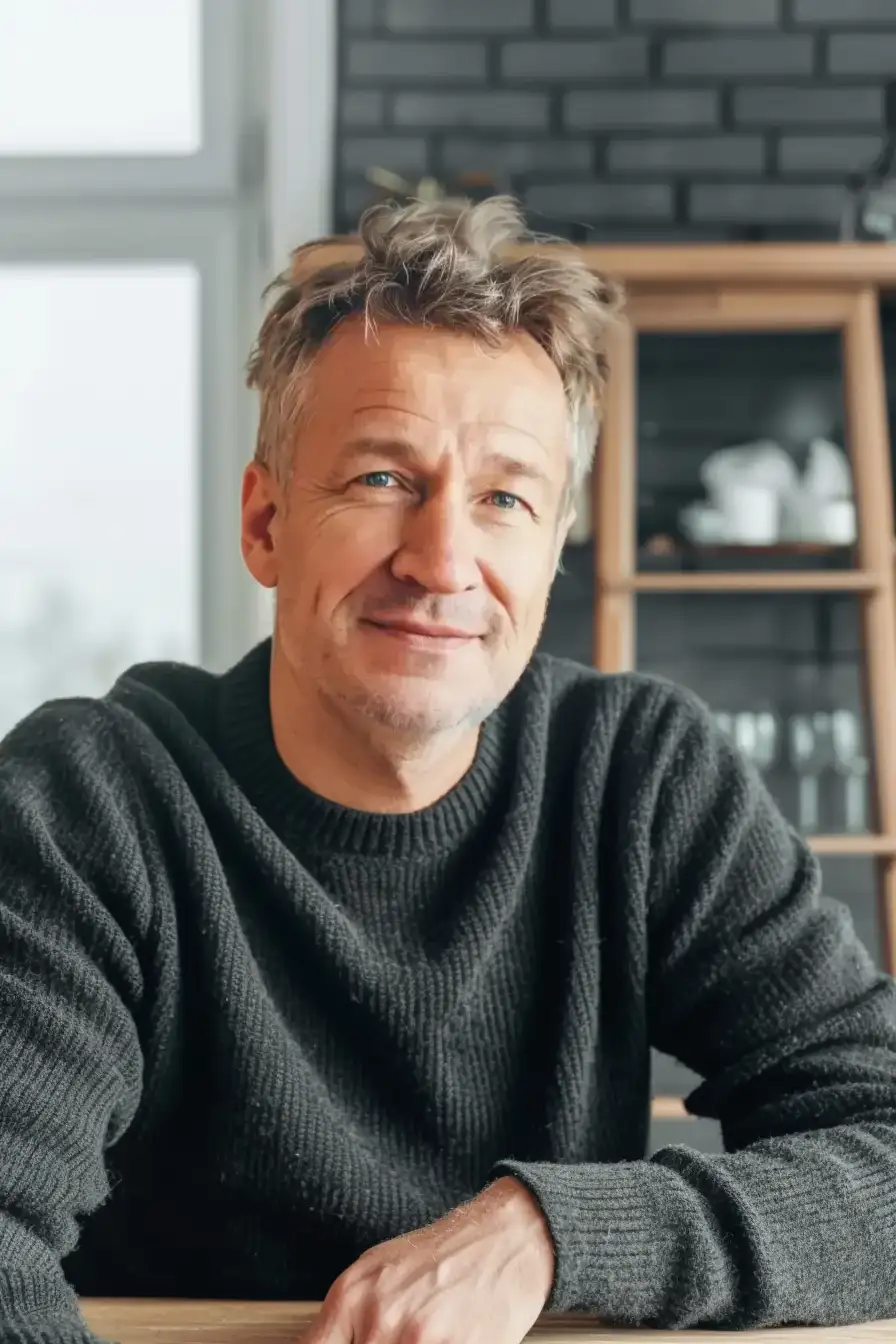 Middle-aged man in casual sweater smiling indoors