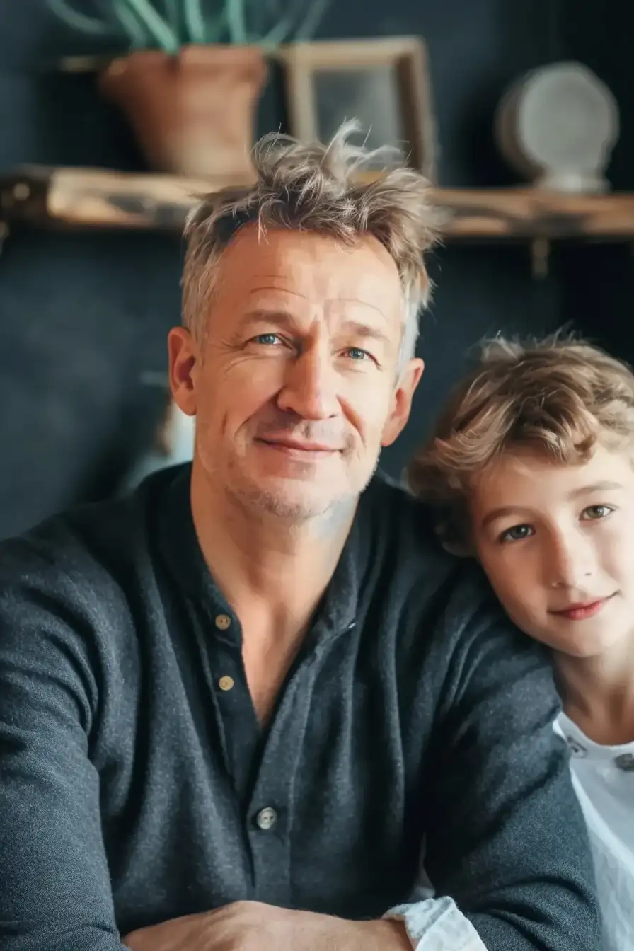 Father and son smiling together indoors
