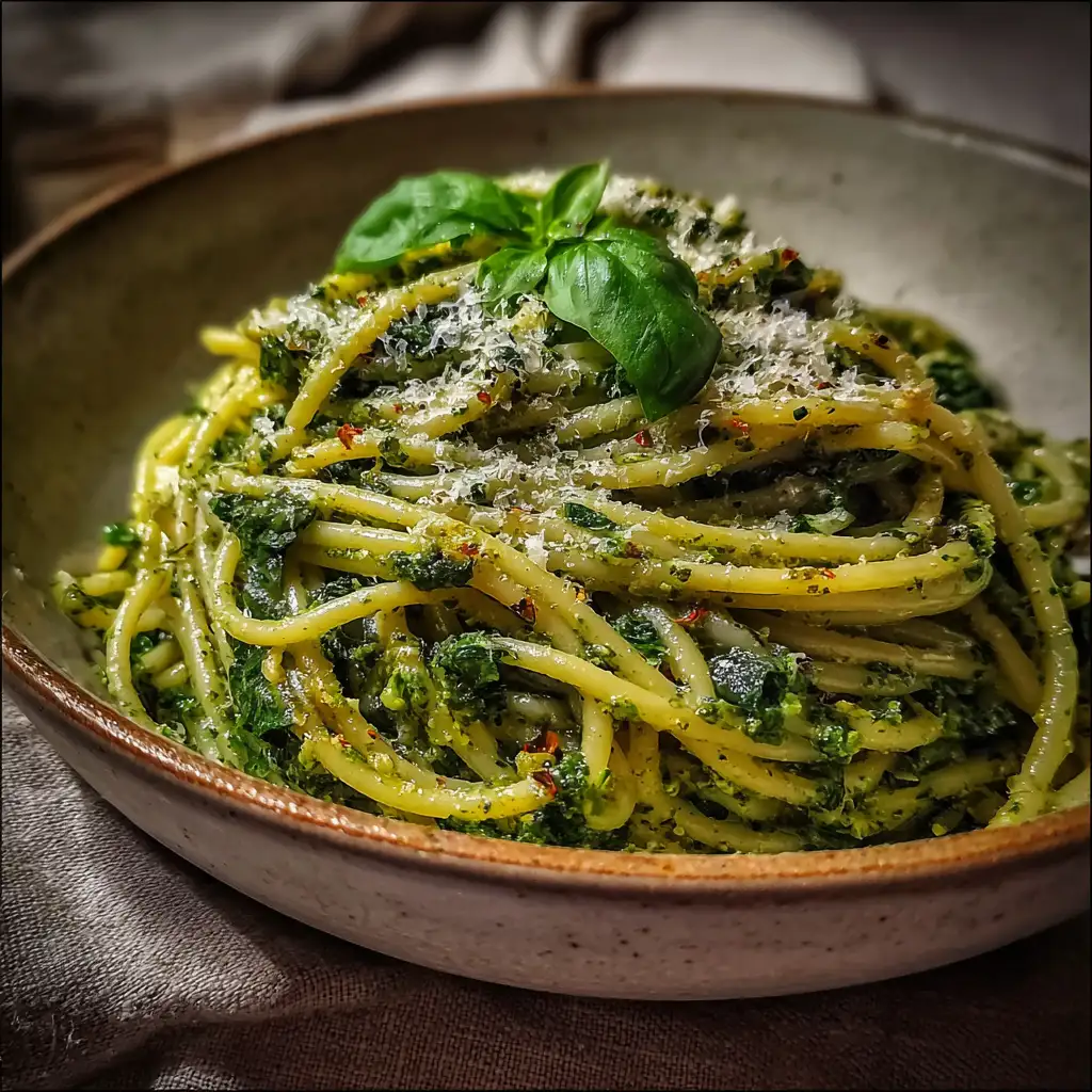 one pot green pasta with spinach and basil