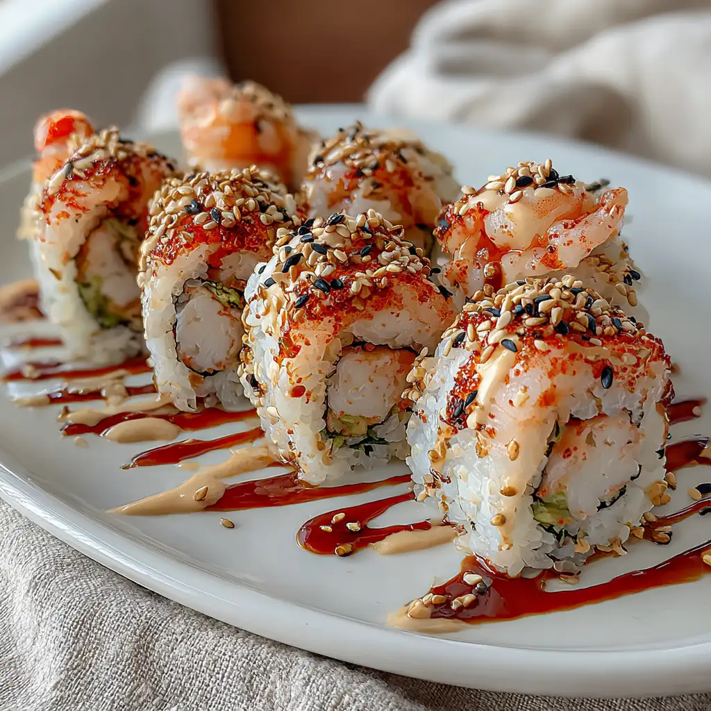 plated shrimp California roll with spicy mayo