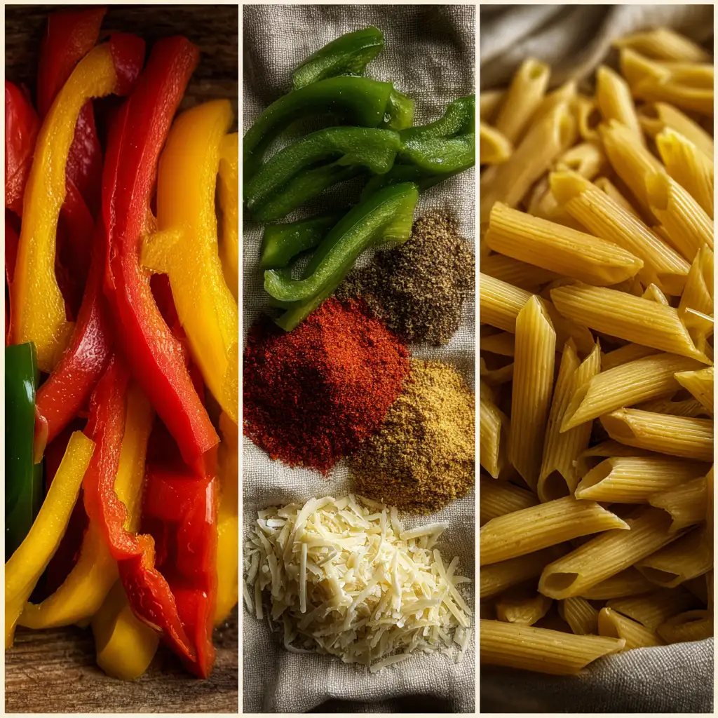 Ingredients for Rasta Pasta recipe with pasta, peppers, and jerk seasoning