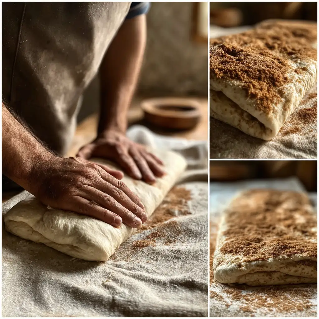 Cinnamon Swirl Sourdough Bread Tips – rolling dough with cinnamon filling.