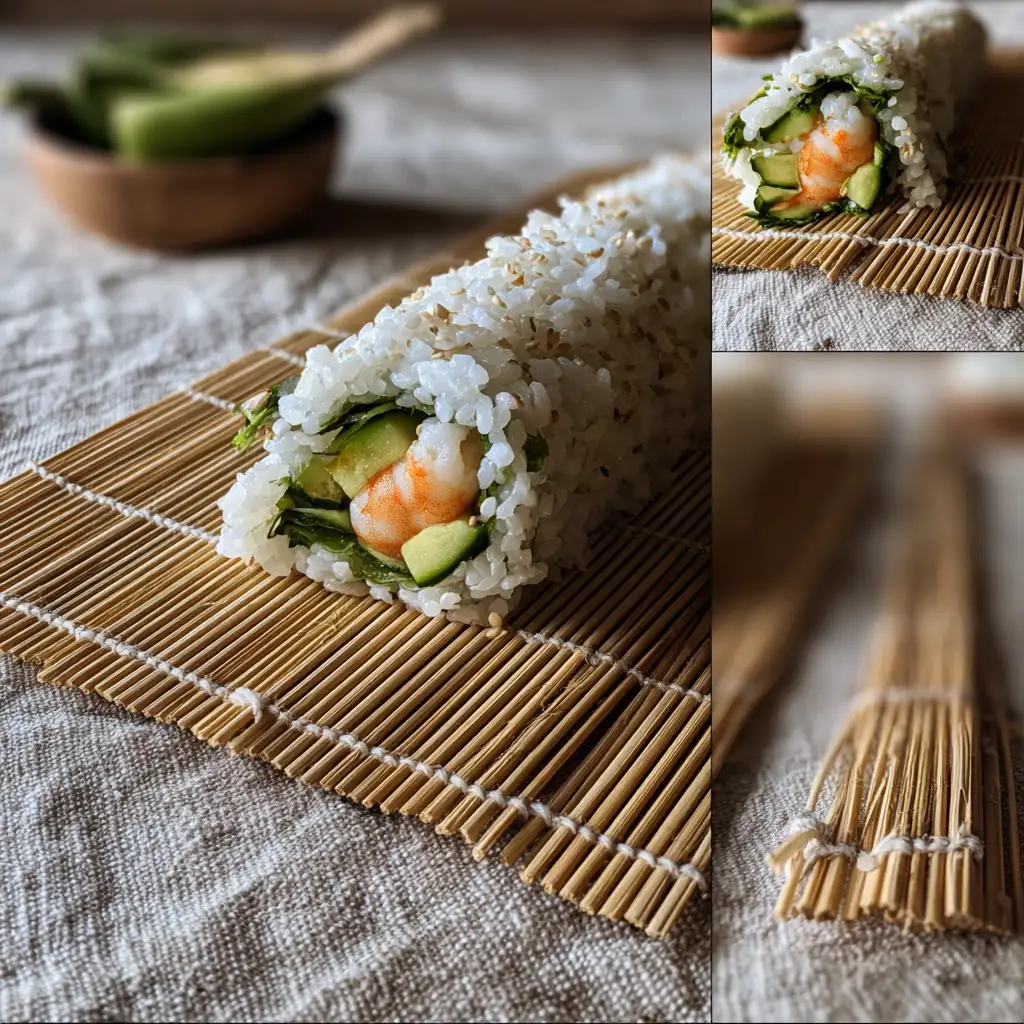 rolling shrimp California roll with bamboo mat