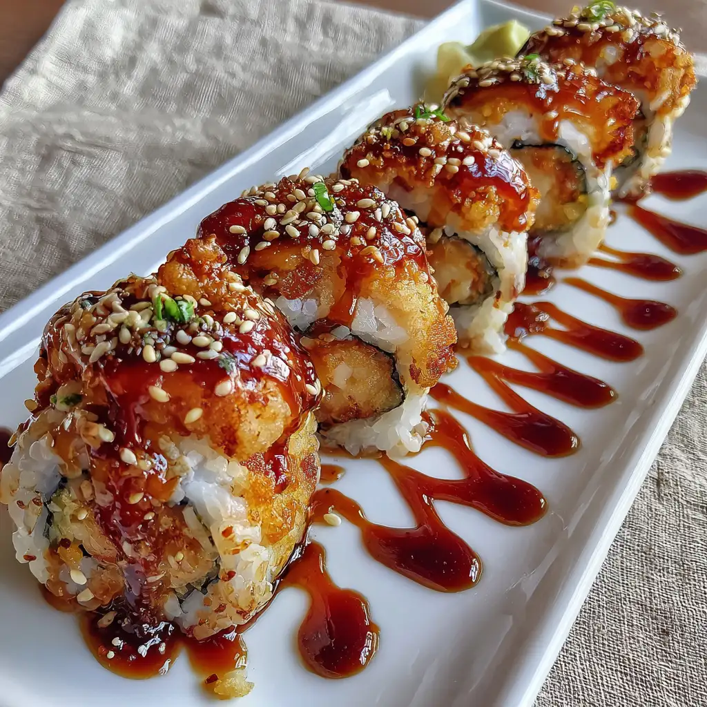serving shrimp crunchy roll with sauces and garnish