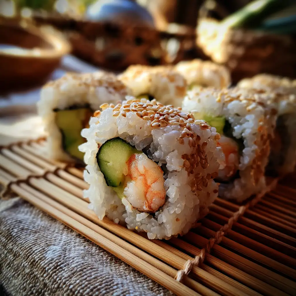 shrimp California roll close-up with avocado and cucumber