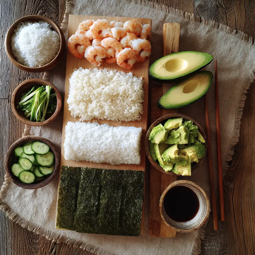 shrimp California roll ingredients on wooden board