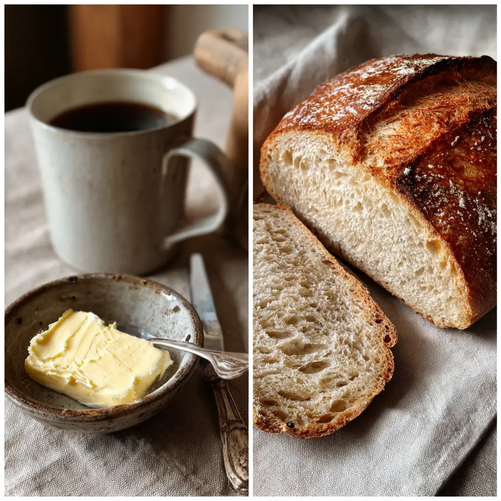 Sliced sourdough cinnamon bread served with butter and coffee.