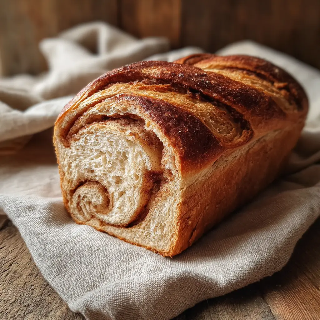 Freshly baked sourdough cinnamon bread with golden crust and cinnamon swirl.