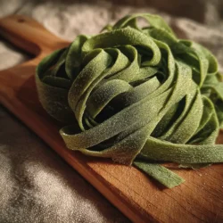 Fresh spinach green pasta noodles on a rustic board