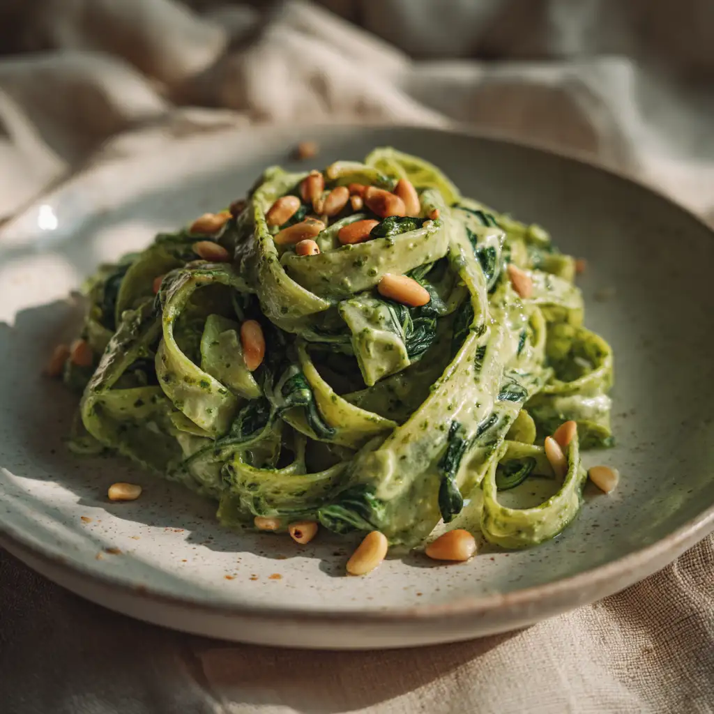 Spinach green pasta with creamy pesto sauce