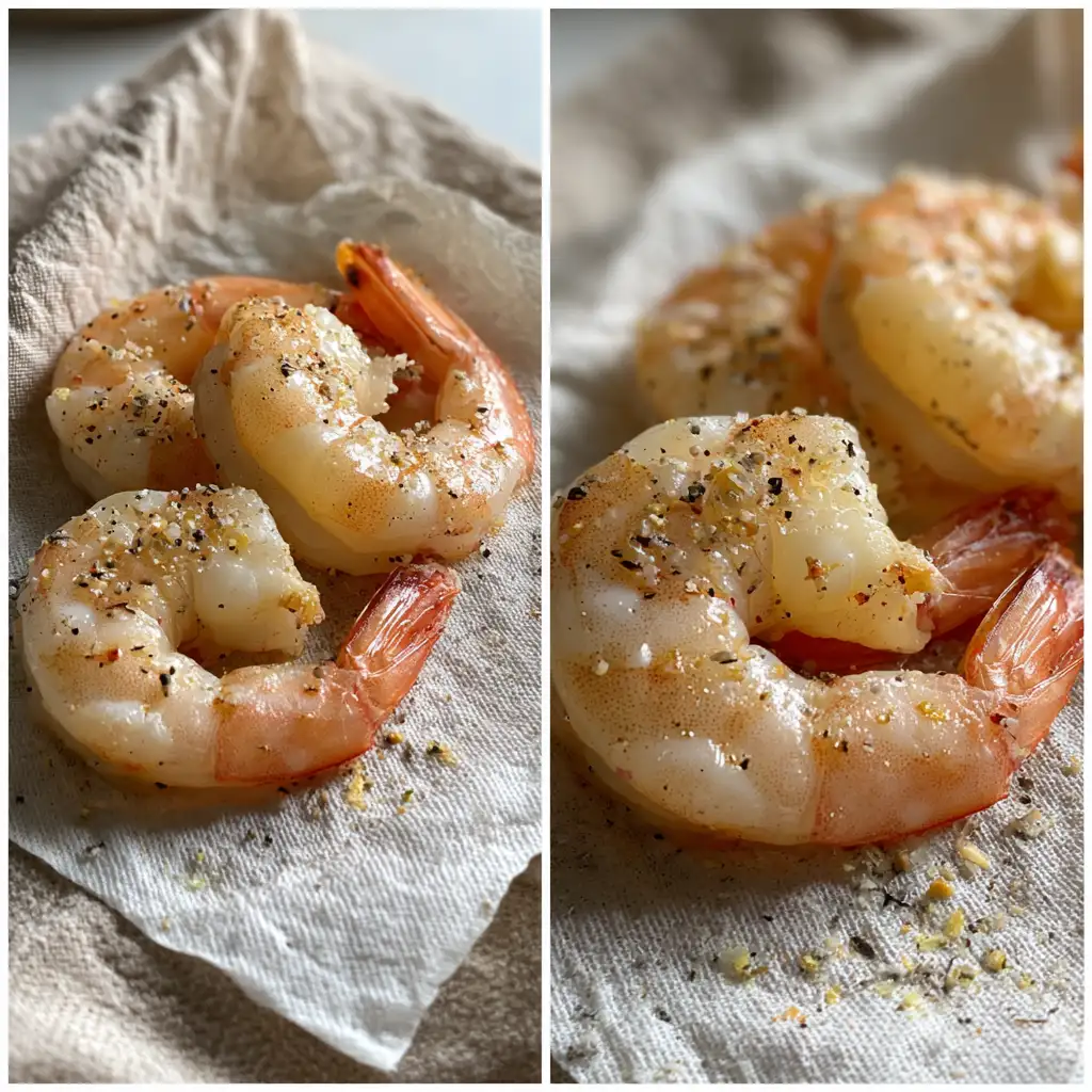 Shrimp being patted dry and seasoned