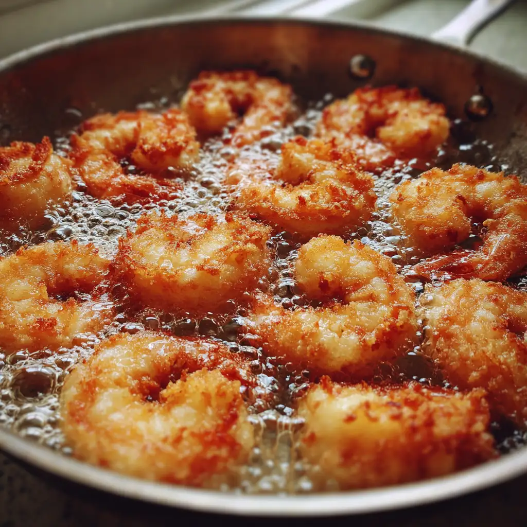 Shrimp frying in hot oil