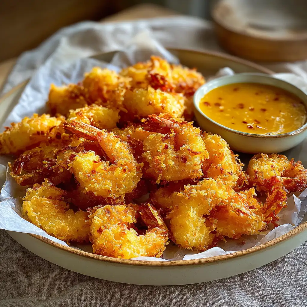 Crispy shrimp draining and served with sauce