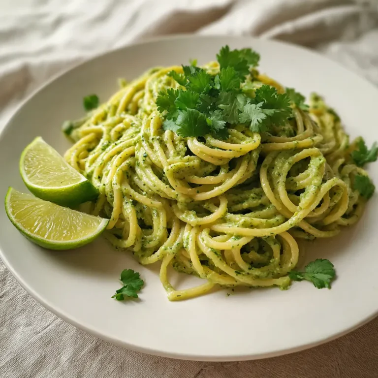 Vegan green spaghetti with creamy green sauce and cilantro garnish