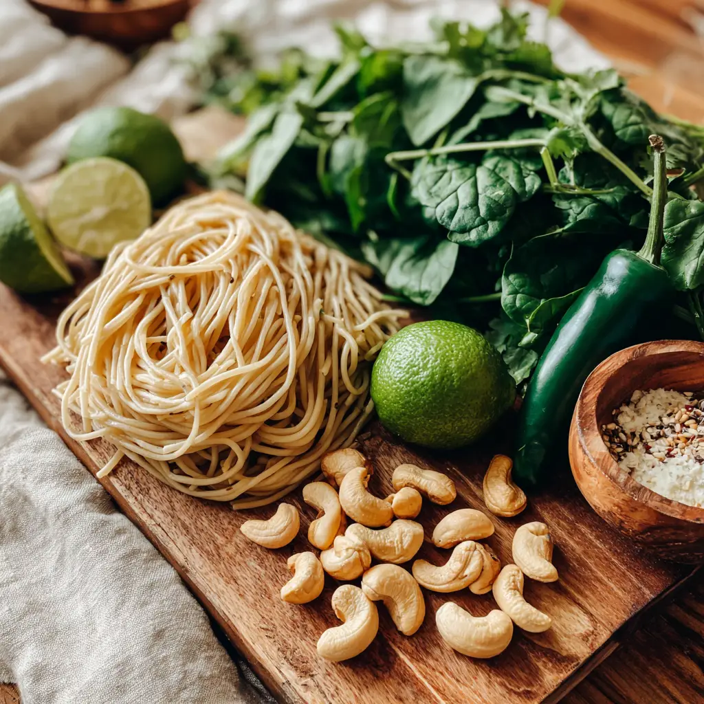 Ingredients for vegan green spaghetti including greens and poblano peppers
