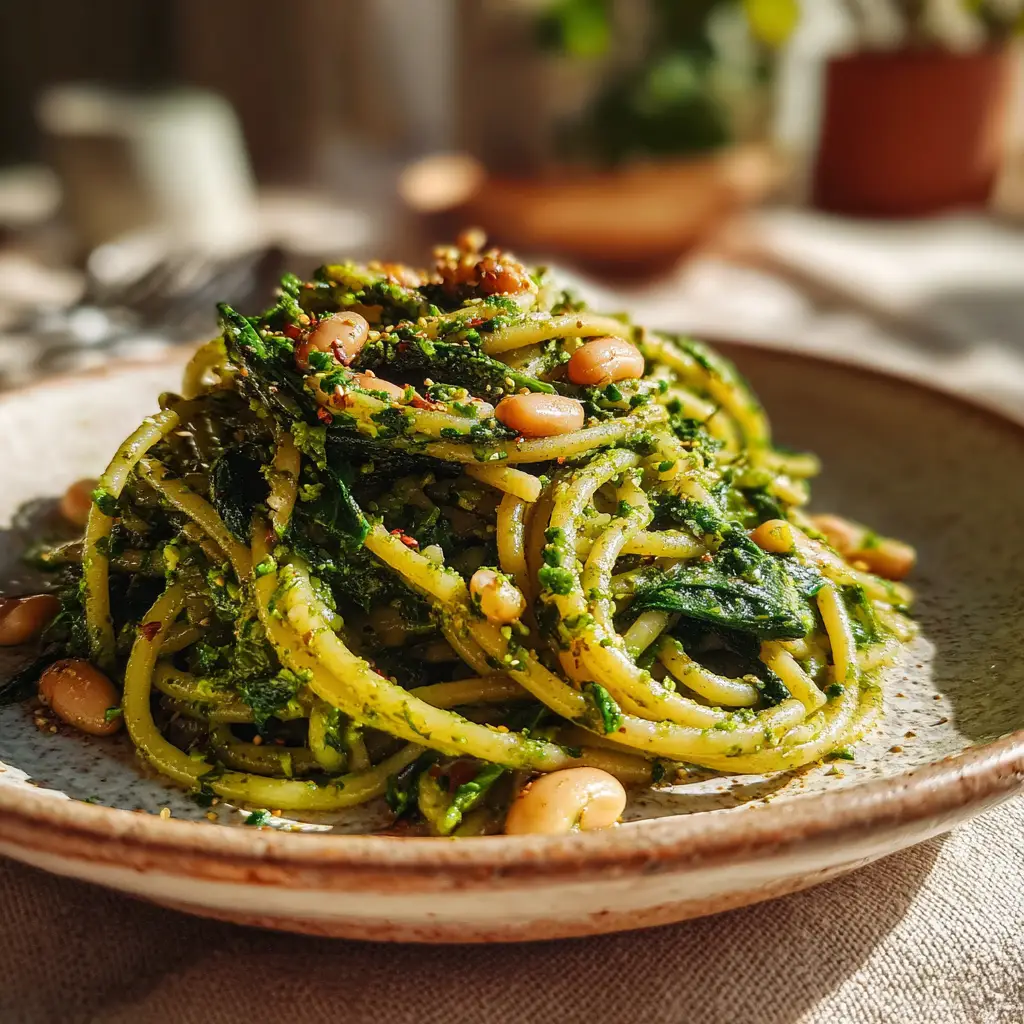 Vegan green spaghetti with dense bean salad