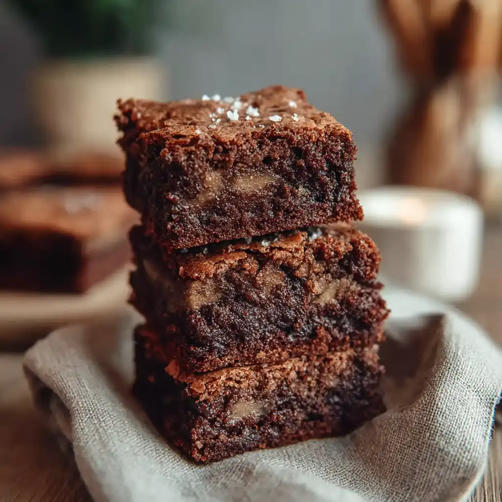 Banana bread brownies stacked on a plate