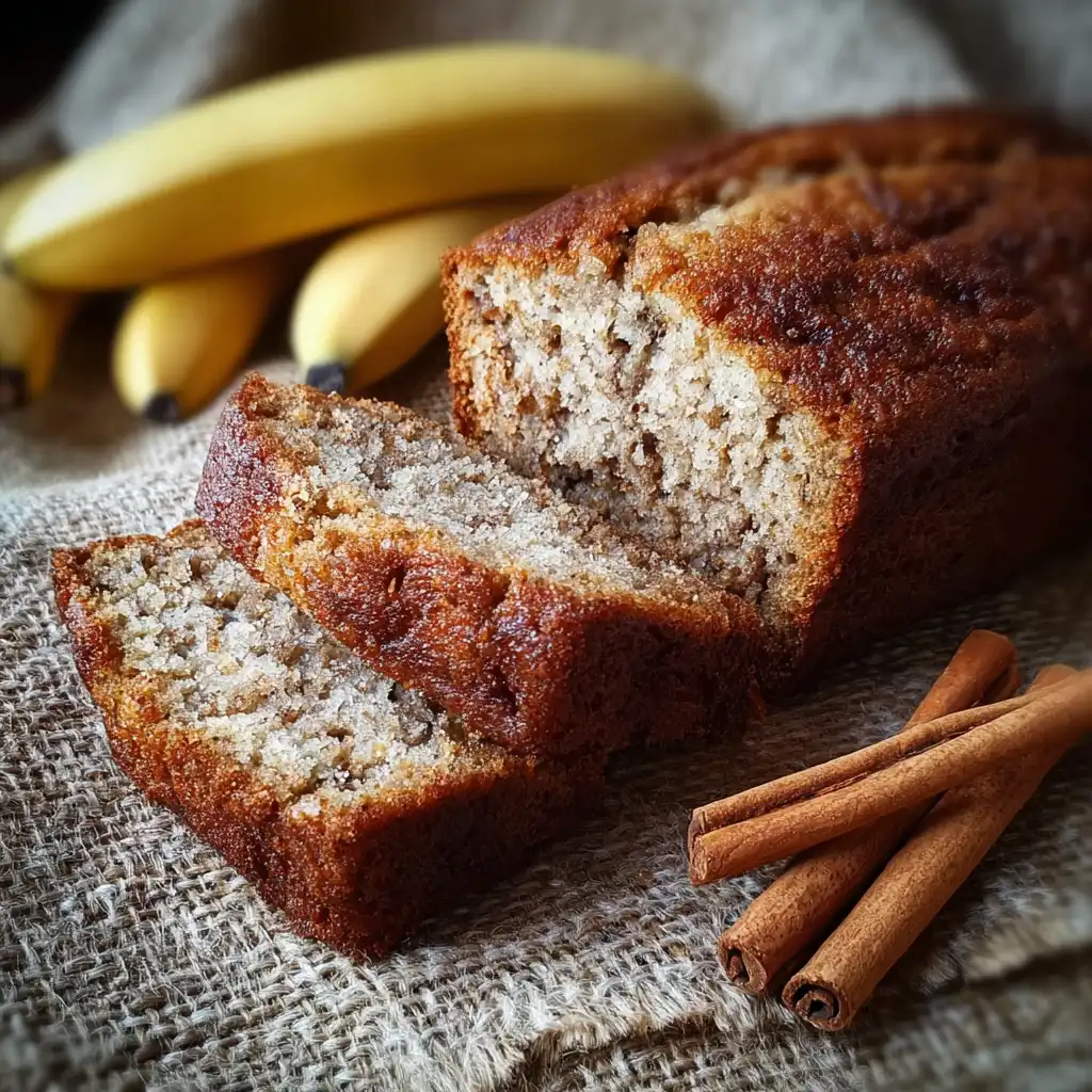 Banana cinnamon bread loaf with fresh bananas