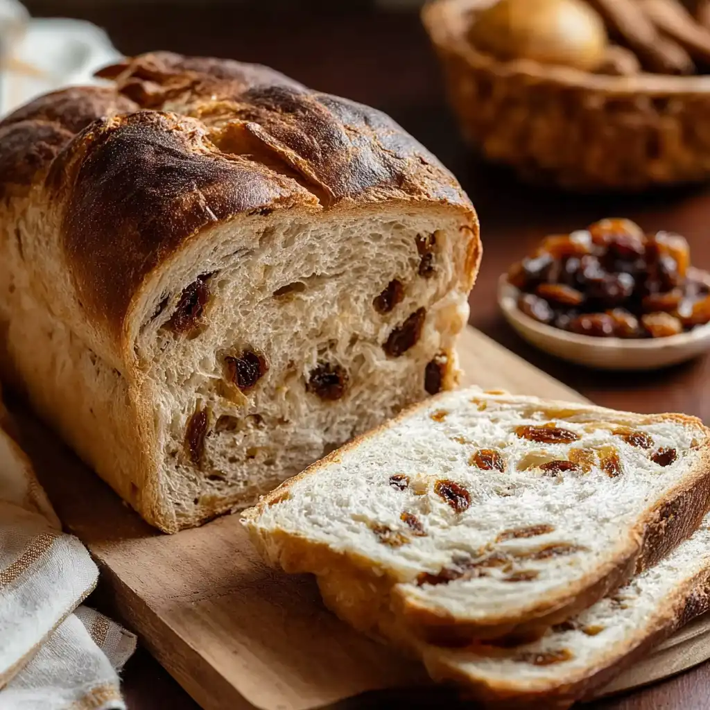 Cinnamon raisin bread loaf sliced on cutting board