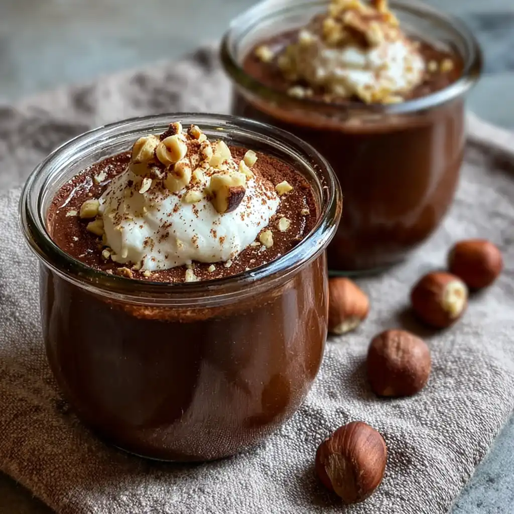 Chocolate hazelnut budino served in glass jars