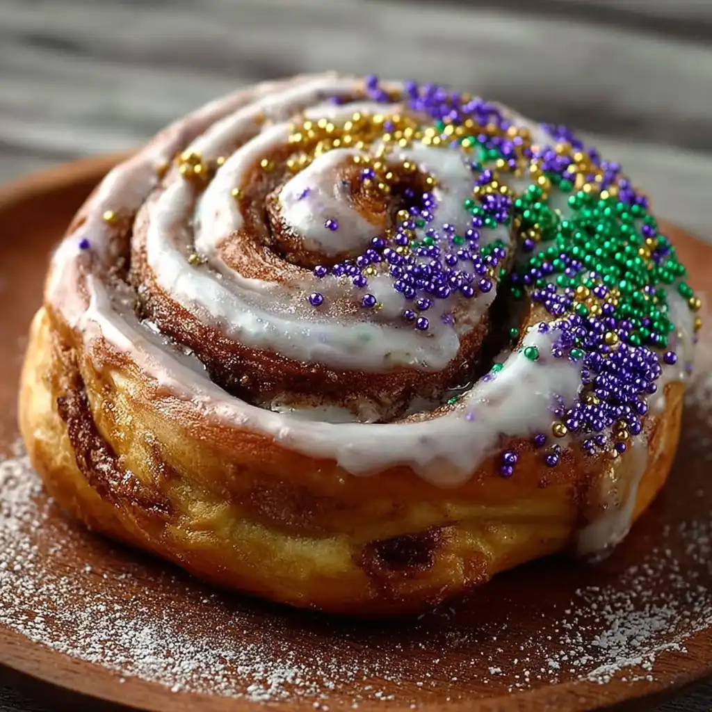 Cinnamon roll king cake with icing and sprinkles
