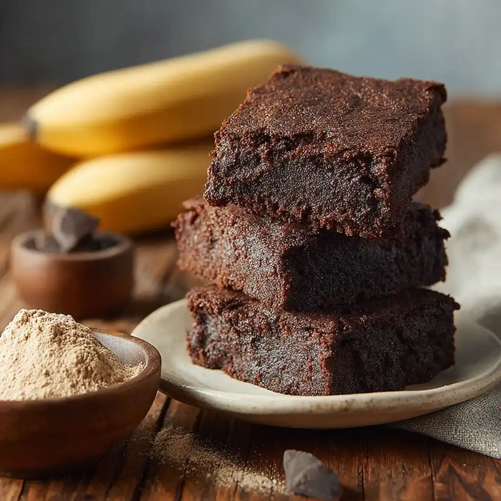 High-protein brownies stacked on a plate