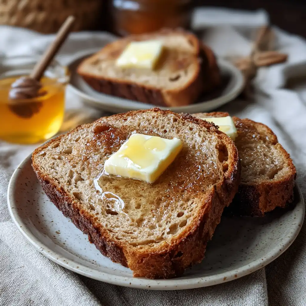 Sliced cinnamon bread with butter and honey