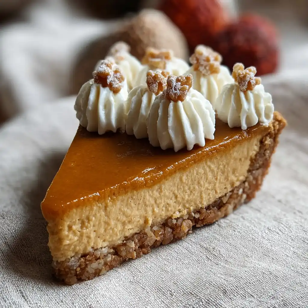 Pumpkin cheesecake slice topped with whipped cream