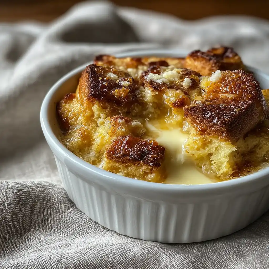 White chocolate bread pudding in ramekin