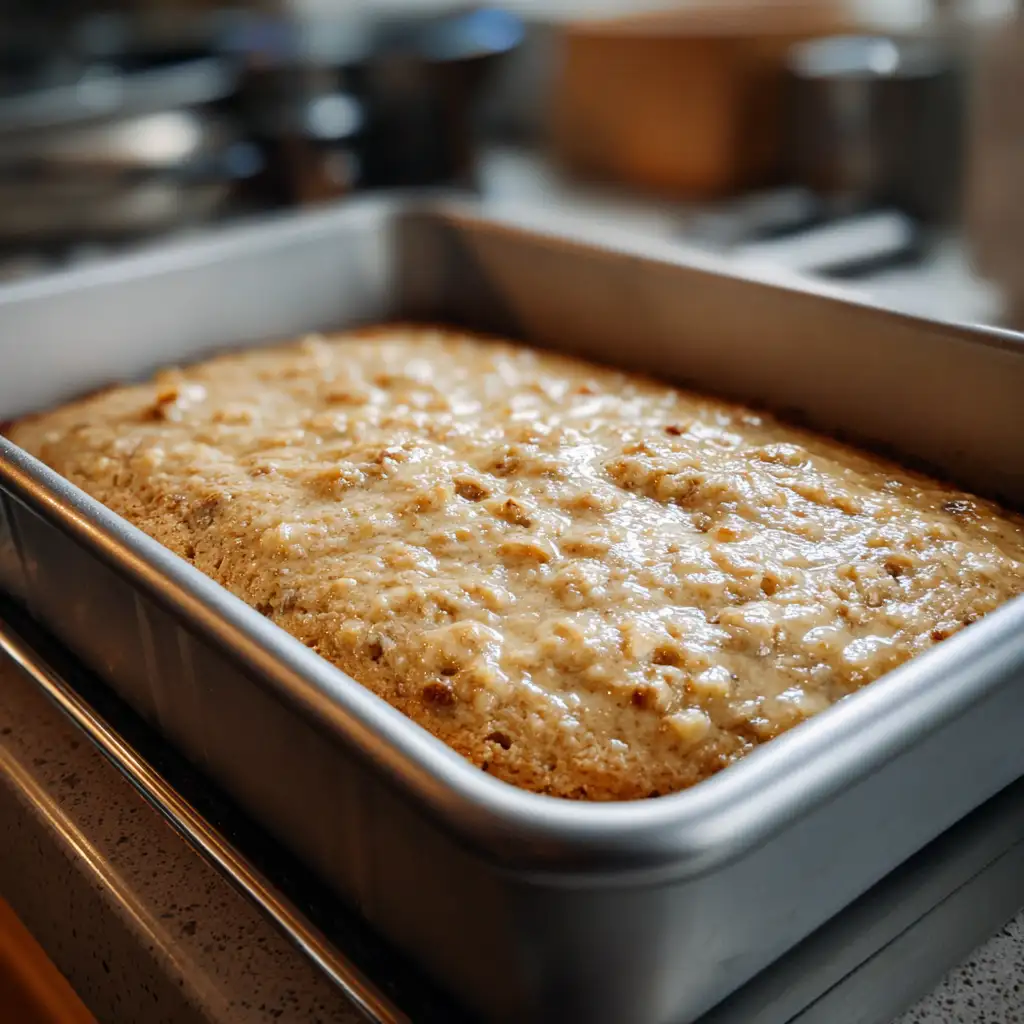 Banana bread brownies baking in oven pan