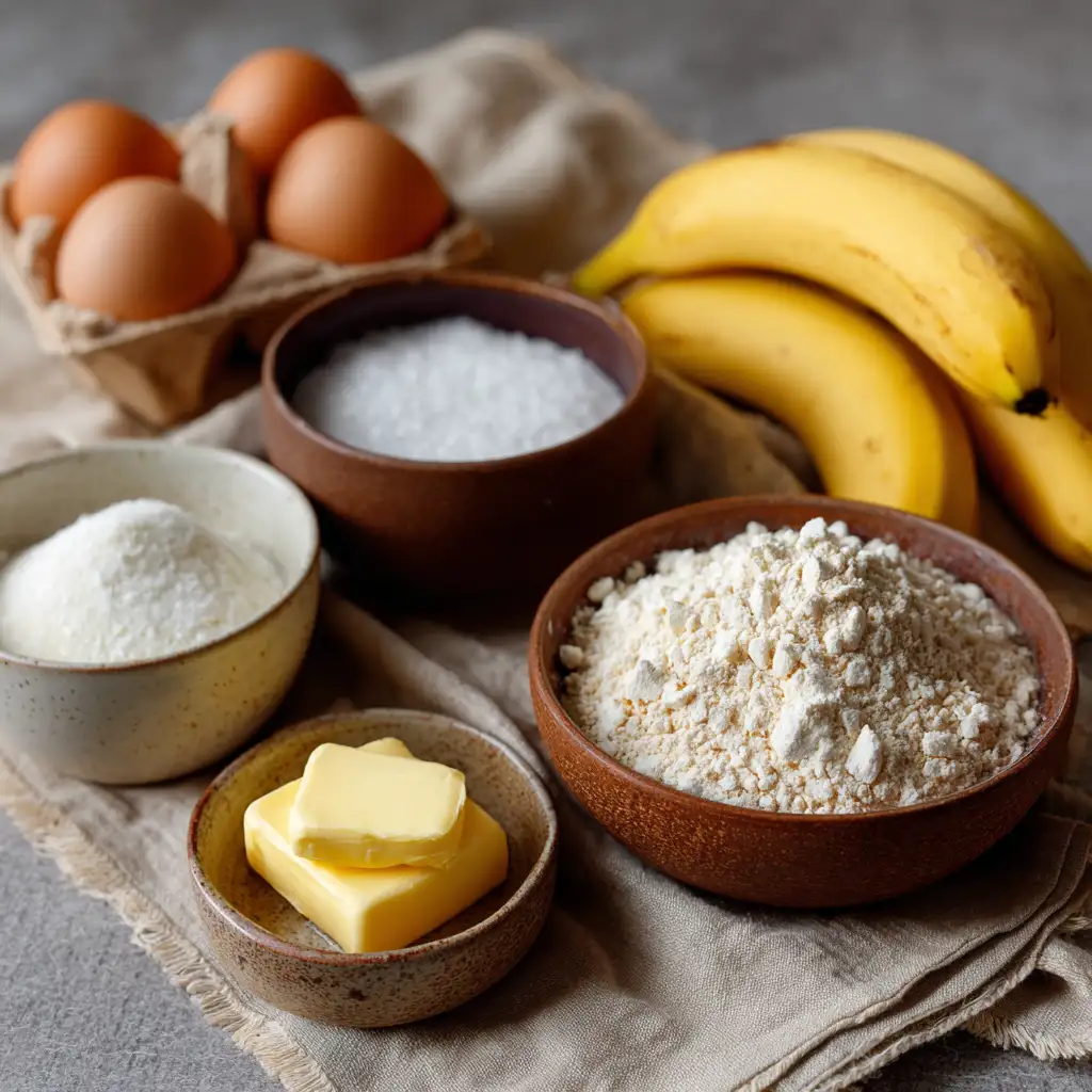 Ingredients for banana bread brownies on wooden board