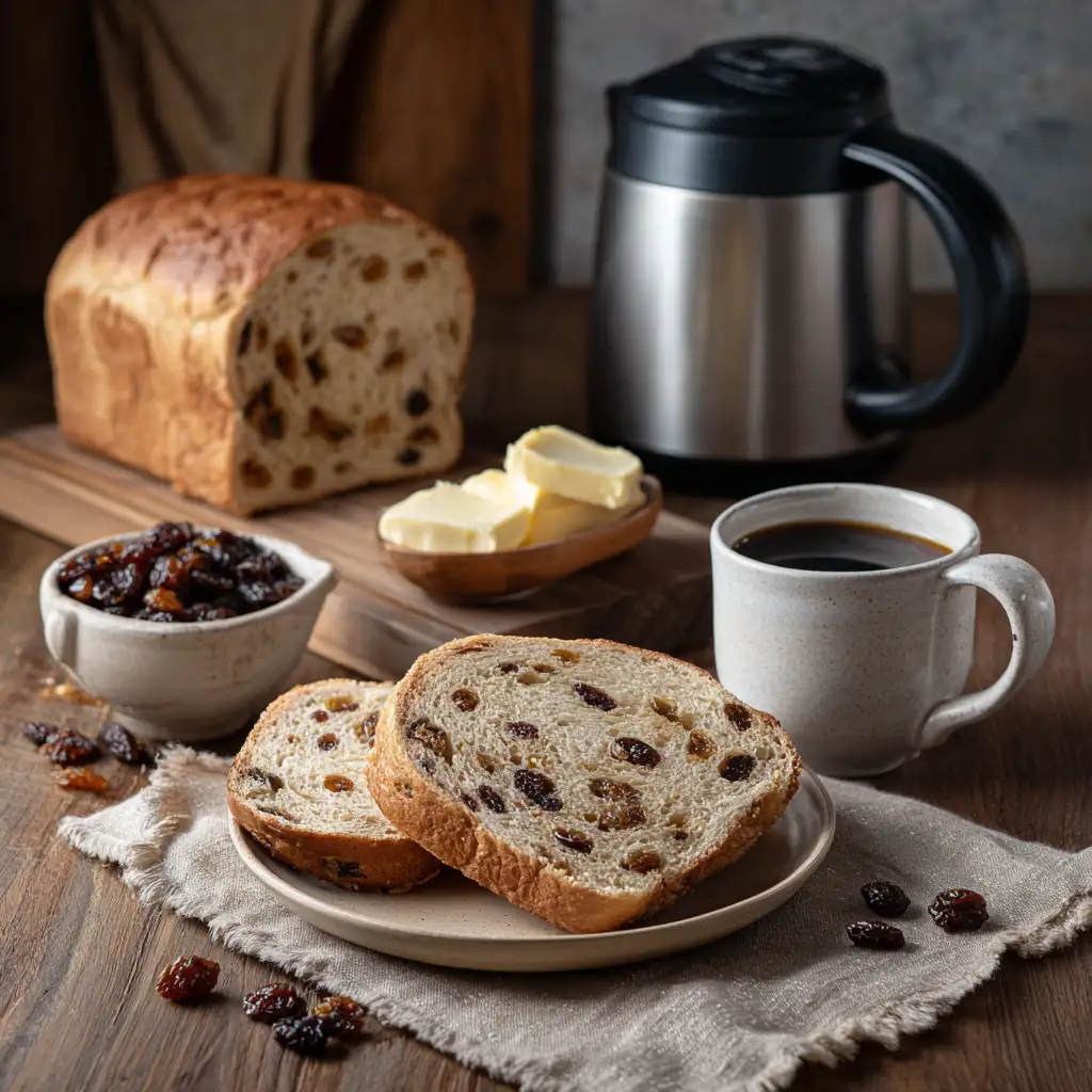 Serving bread machine cinnamon raisin bread with butter