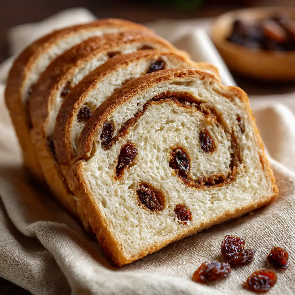 Sliced cinnamon raisin bread from a bread machine