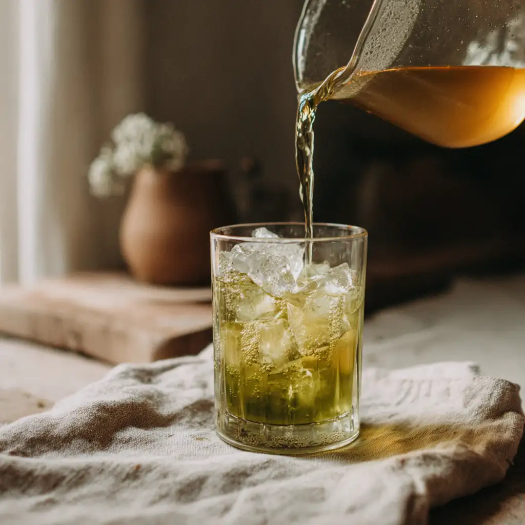 Pouring moringa tea over ice