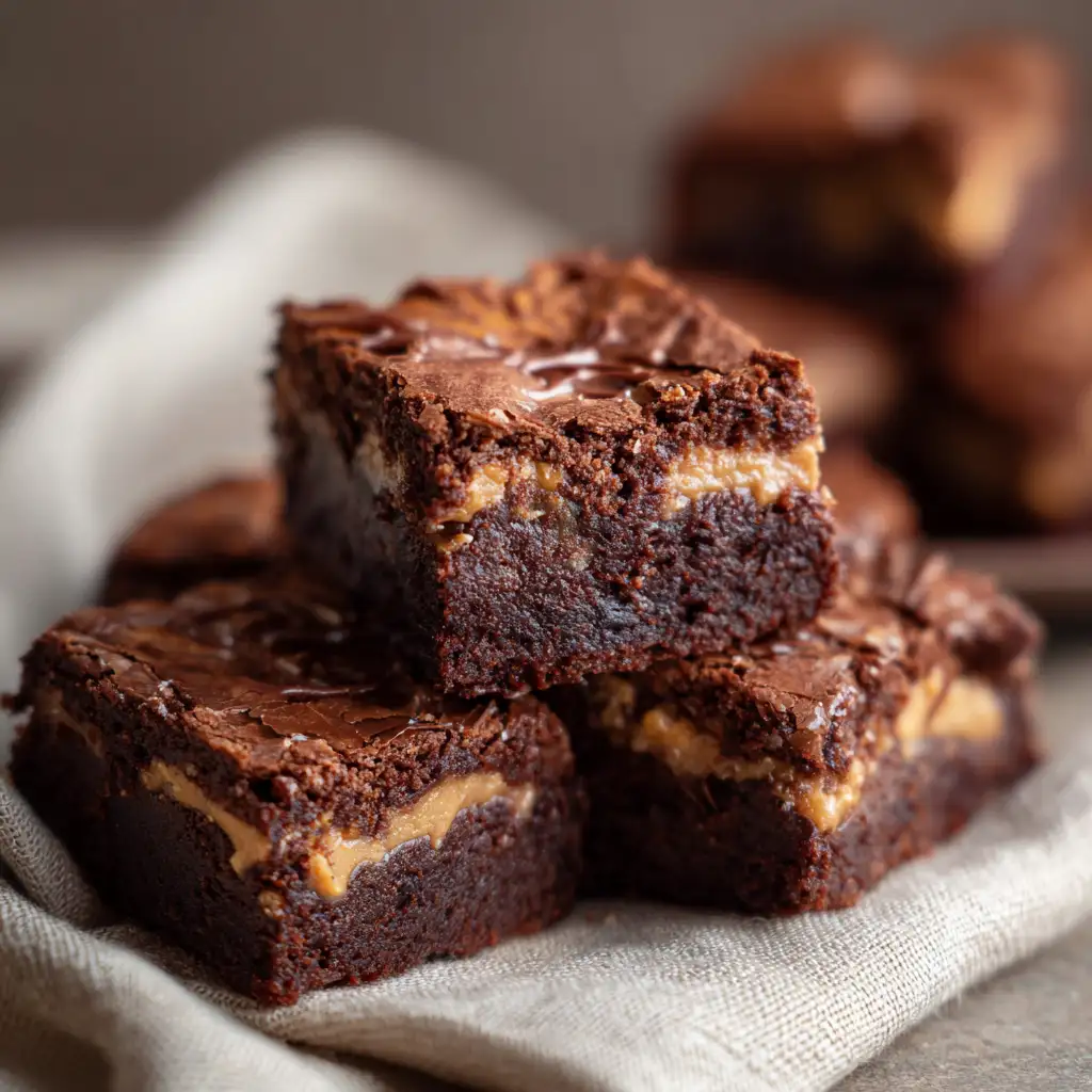 Layered chocolate peanut butter brownies cut into squares