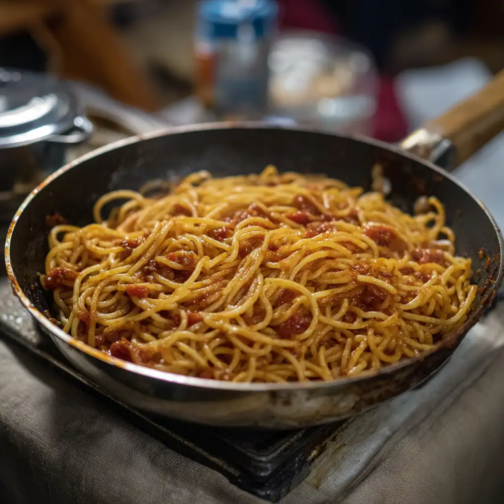 Cowboy spaghetti cooking in skillet