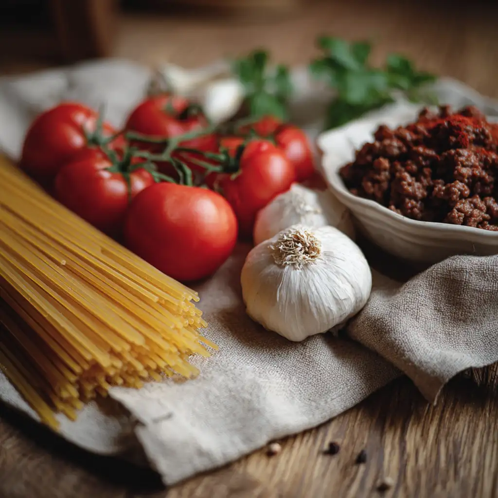 Cowboy spaghetti ingredients on rustic table