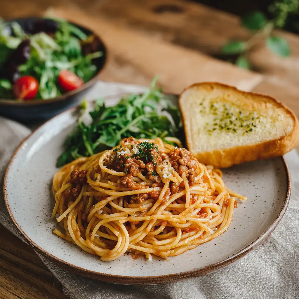 Cowboy spaghetti served with bread and salad