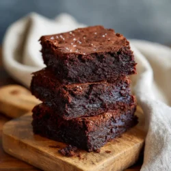 Classic fudgy brownies stacked on a wooden board