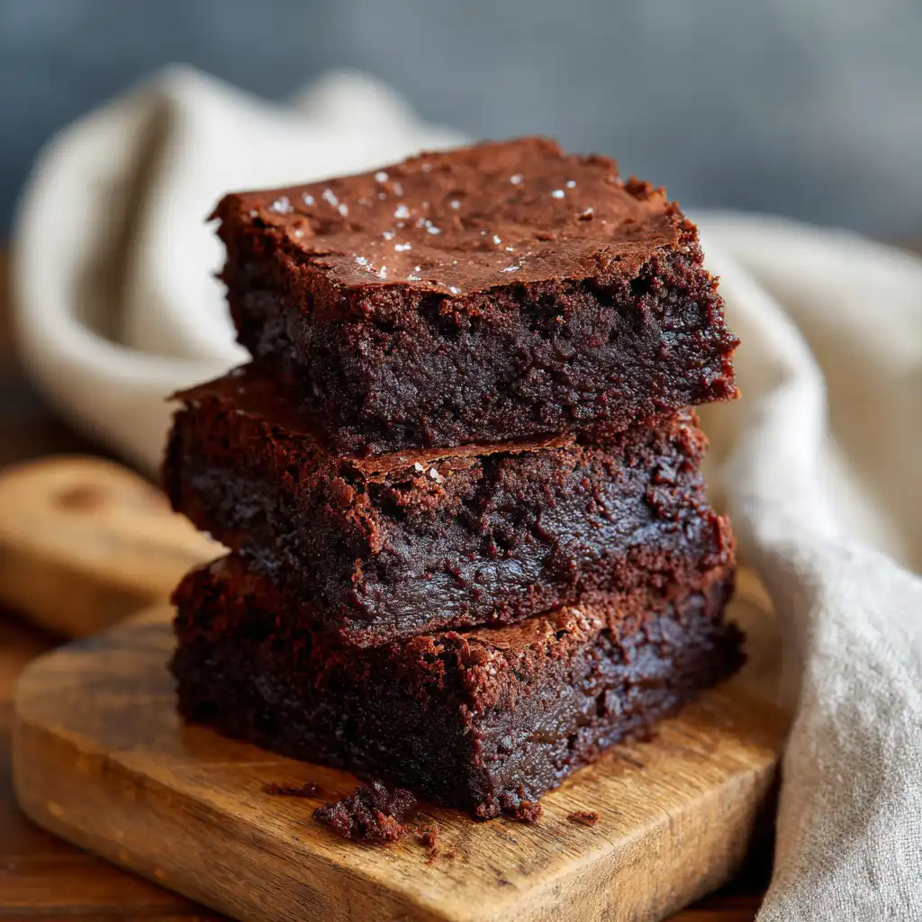 Classic fudgy brownies stacked on a wooden board