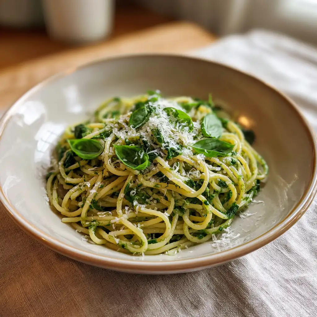 Freshly reheated green spaghetti served hot
