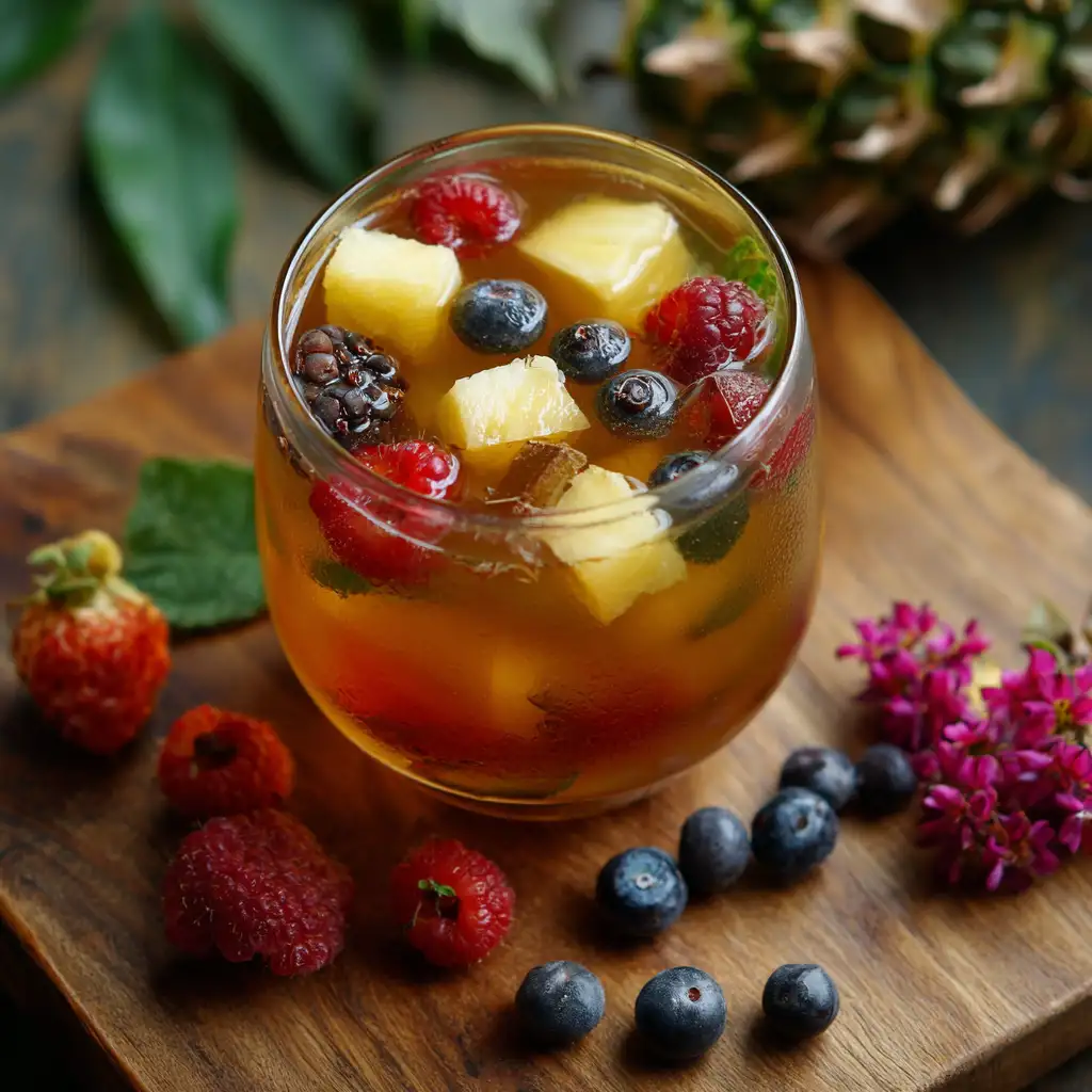 Fruity iced moringa tea with pineapple and berries