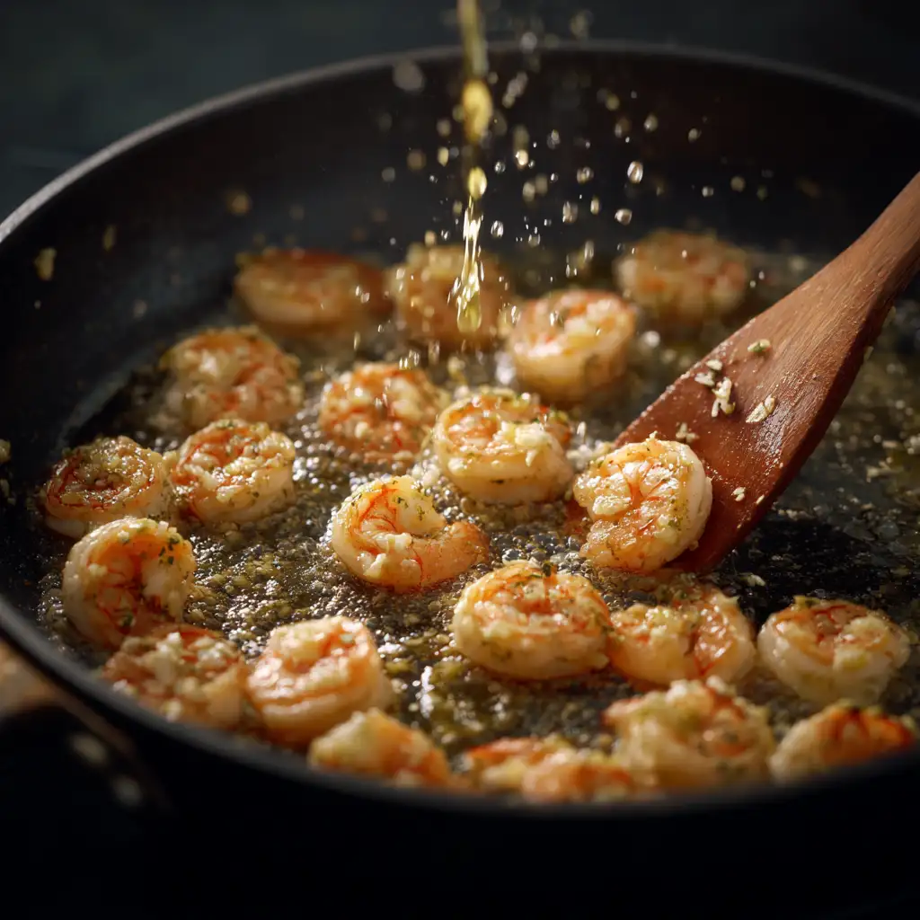 Garlic butter rock shrimp in skillet