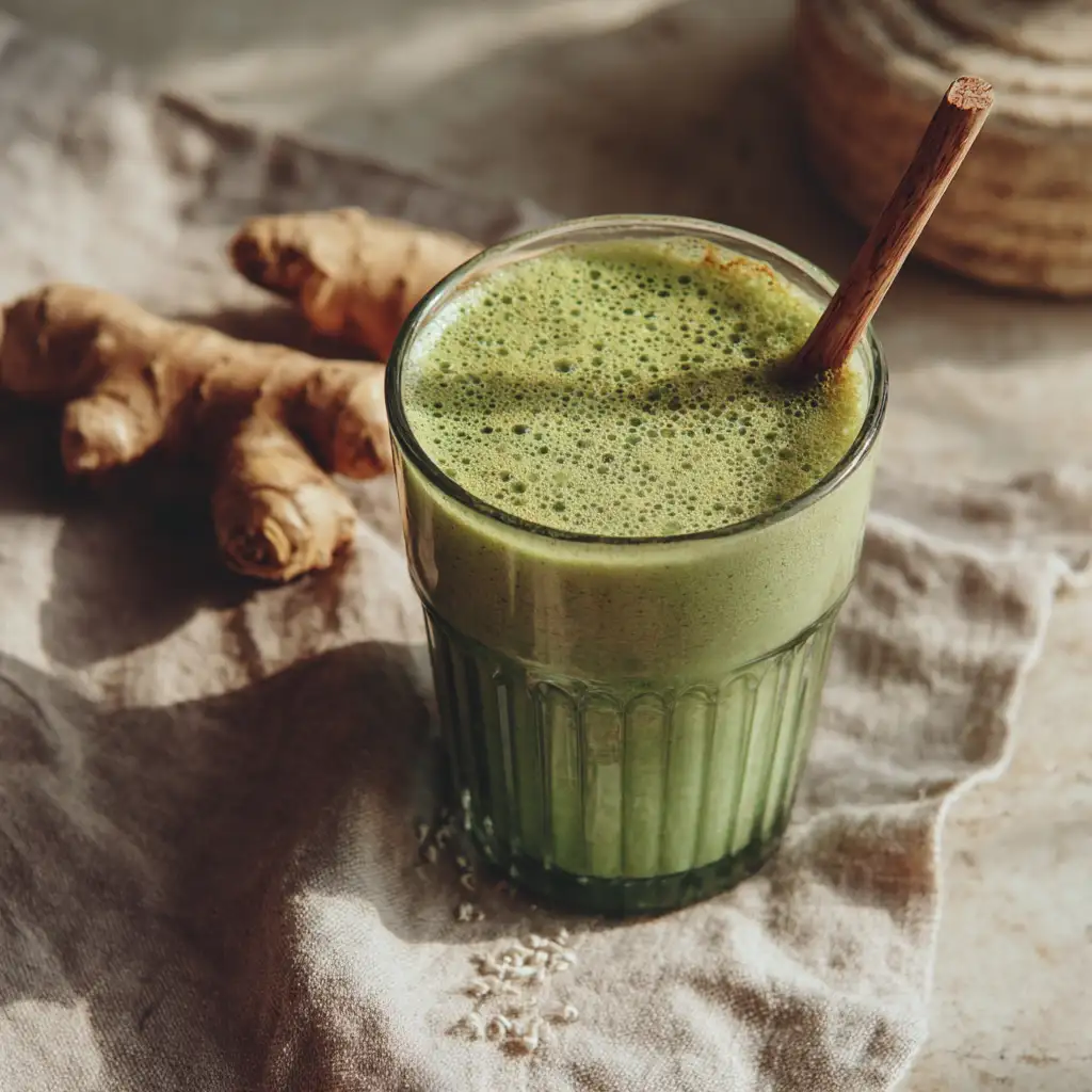 Green detox moringa smoothie with ginger and spinach