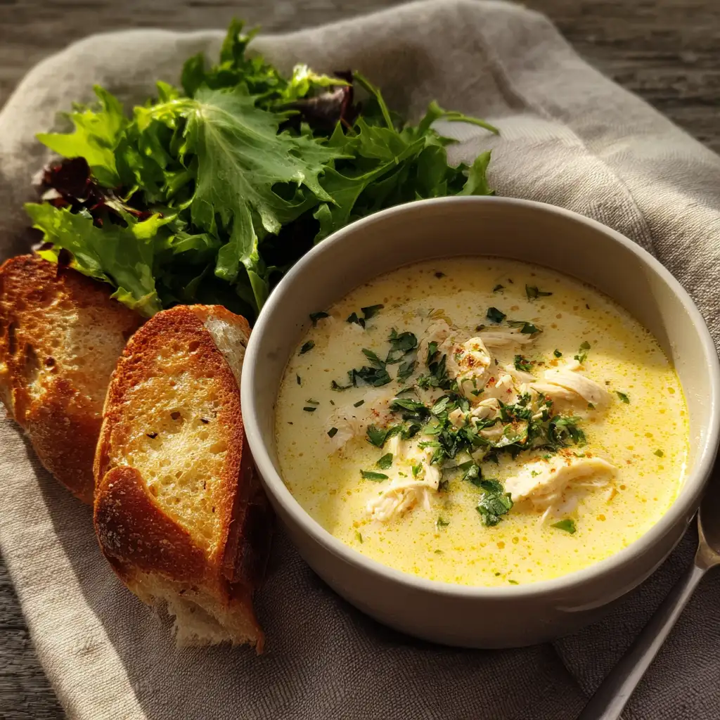 Marry Me Chicken Soup with bread and salad