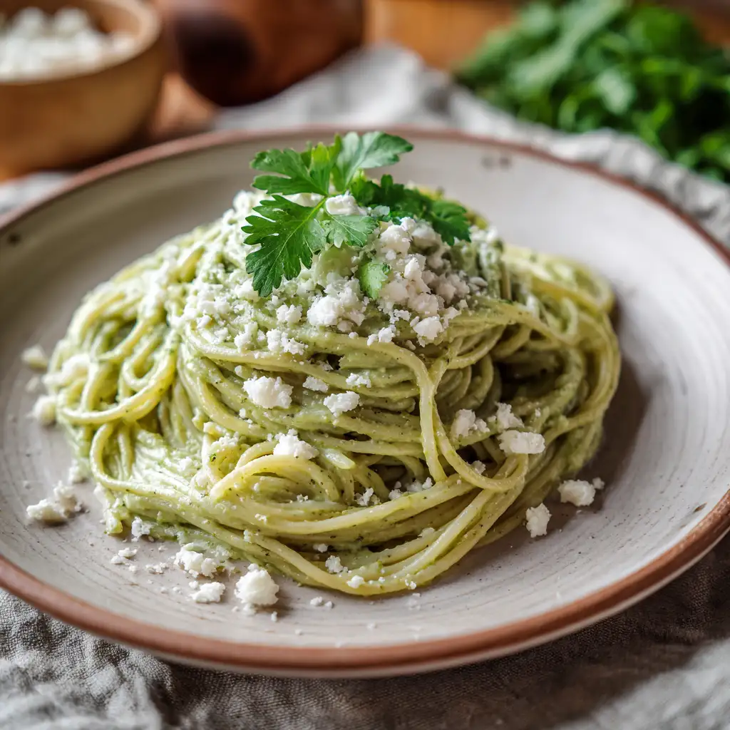 Mexican green spaghetti with poblano sauce