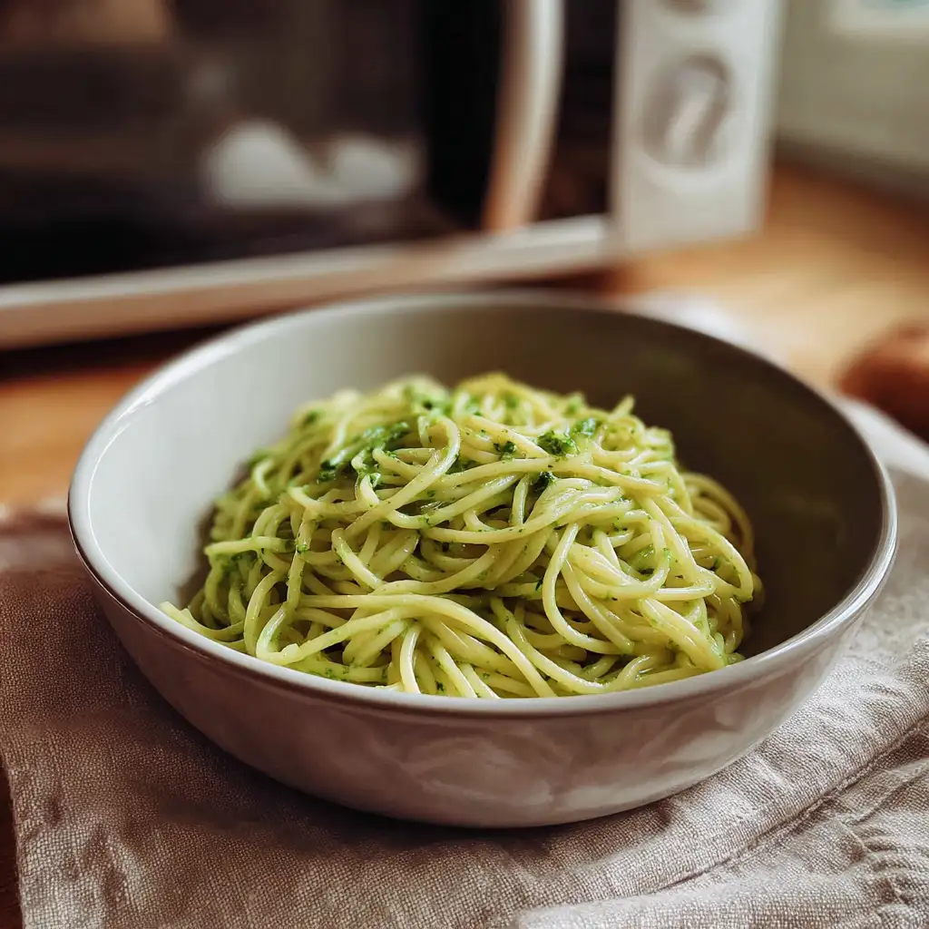 Microwave reheating green spaghetti