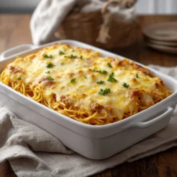 Million dollar spaghetti baked casserole with golden cheese crust