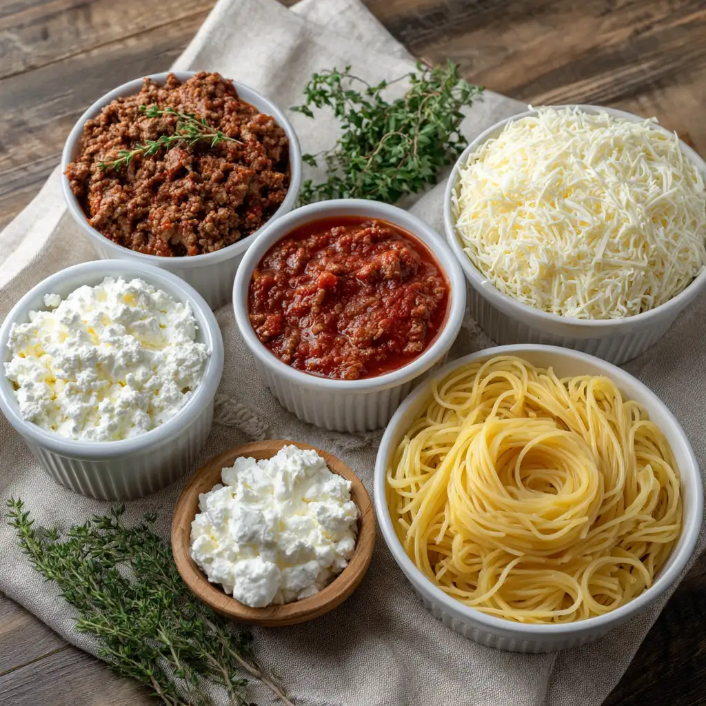 Million dollar spaghetti ingredients laid out on a kitchen table