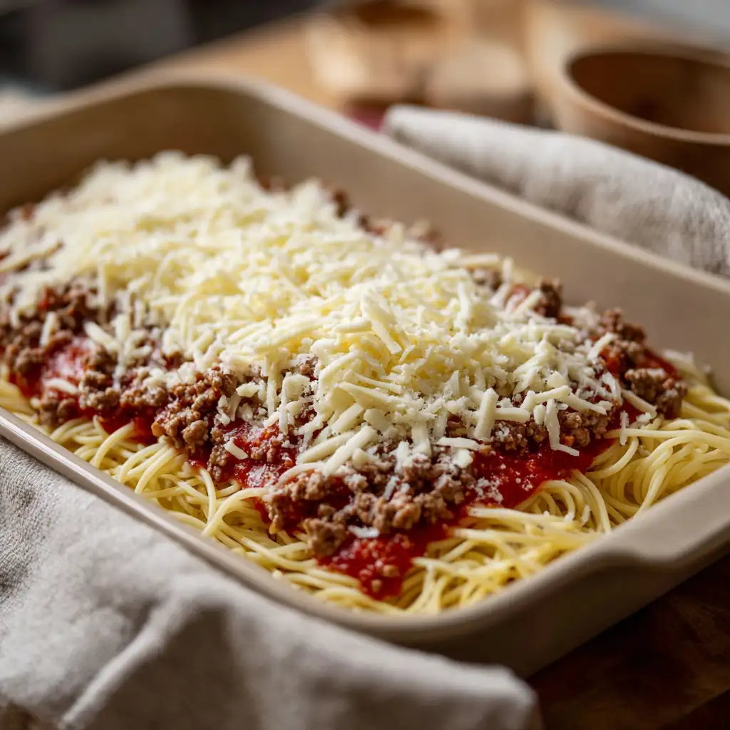 Layering million dollar spaghetti with cheese and sauce